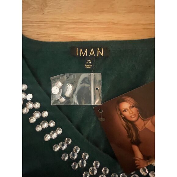IMAN 2X Green Rhinestone Embellished Tunic Sweater Cashmere Blend NWT - Picture 3 of 12
